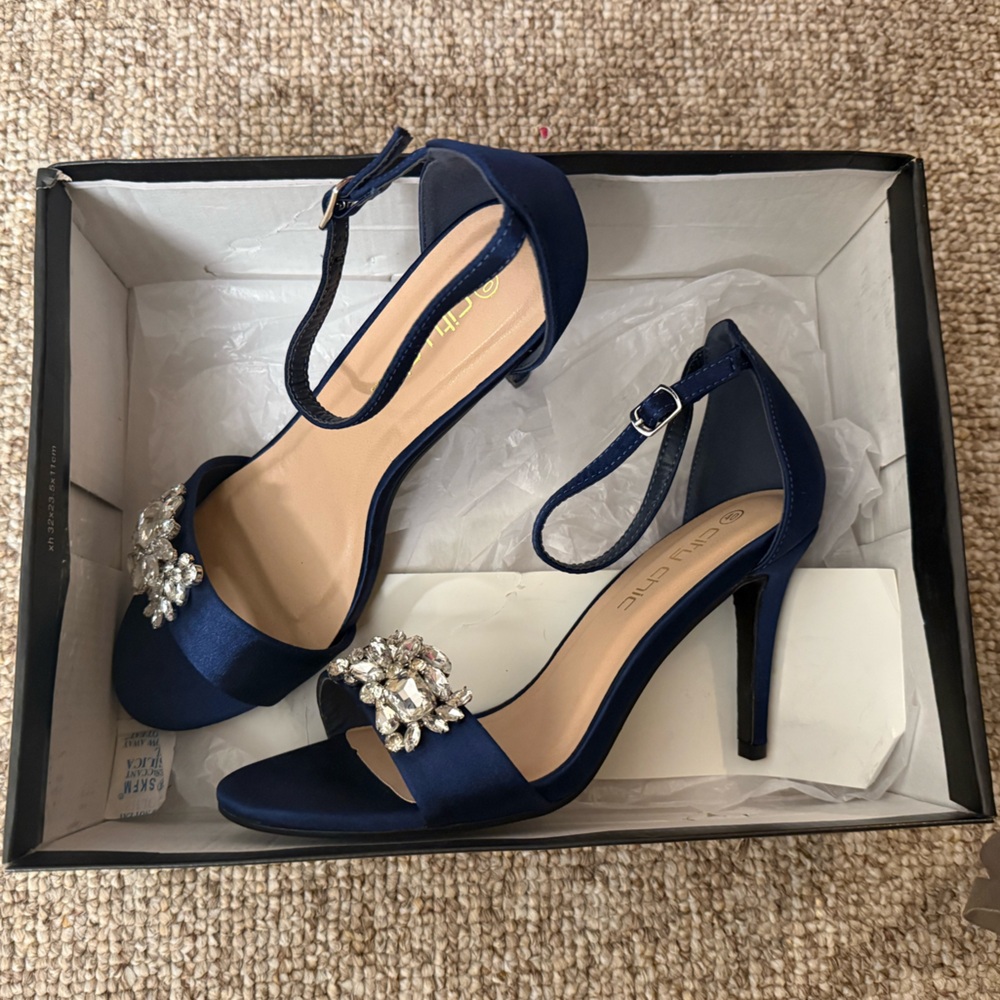 City Chic Elegant Blue Satin Heels totally glam with Crystal Embellishments